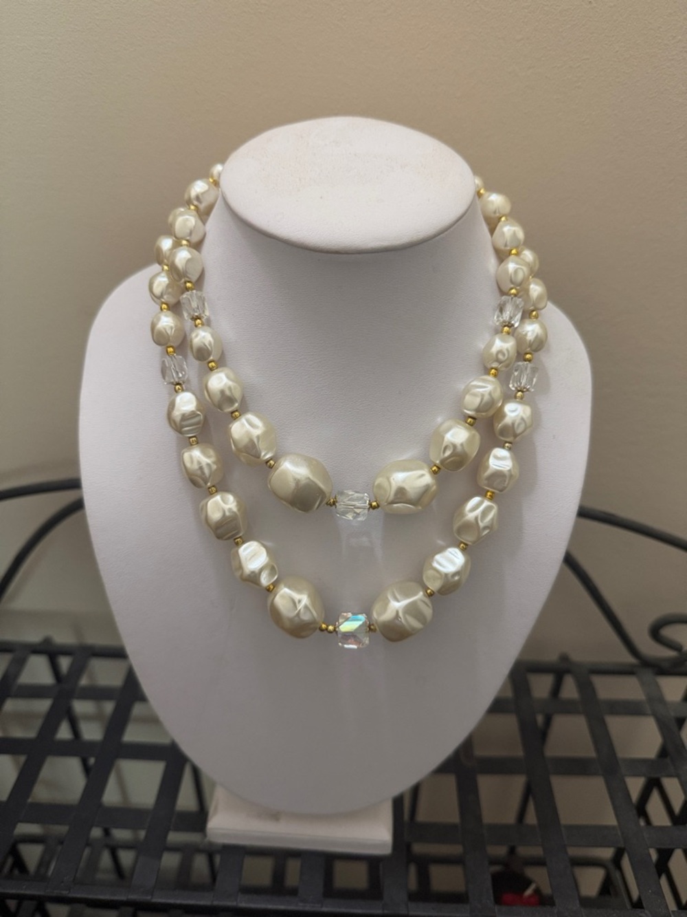 Vintage Pearl-Look Ivory Beaded Double Strand Necklace